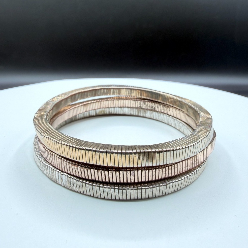 Tri Tone Stretch Expansion Bangle Bracelet Set of 3 Rose Gold & Silver Tone